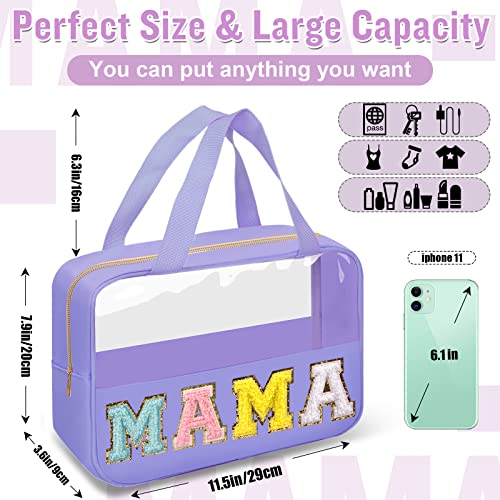 Chenille Letter Clear Makeup Bags Mama Tote, Preppy Patch Makeup Bag Zipper with Handle, Waterproof PVC & Nylon Portable Glitter Large Cosmetic Travel Toiletry Storage Bag for Women Girls(MAMA-Purple) - color: MAMA-Purple