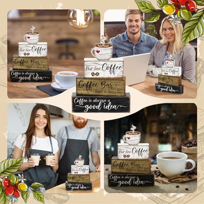 Moucuny 4 Pcs Coffee Bar Sign Wooden Blocks with Cup Topper Coffee Decor - style: Coffee Bar