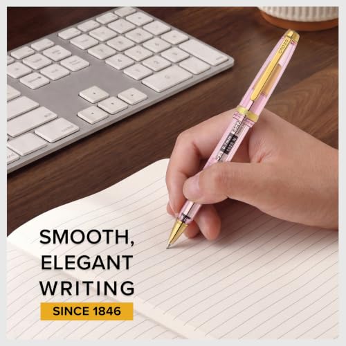 Cross Lume Translucent Translucent Pink Sapphire Resin Rollerball Pen - Gold-Tone PVD Appointments - Black Medium Gel Rollerball - 0.40mm Line Width - Lifetime Mechanical Warranty - color: Pink