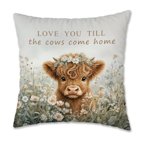 Vintage Floral Highland Cow Throw Pillow Cover 18x18 Inch - color: Highland Cow-3