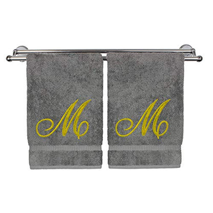 Monogrammed Hand Towel, Personalized Gift, 16 x 30 Inches - Set of 2 - Gold Embroidered Towel - Extra Absorbent 100% Turkish Cotton - Soft Terry Finish - for Bathroom, Kitchen and Spa - Script M Gray - color: Gold on Gray, style: Initial M