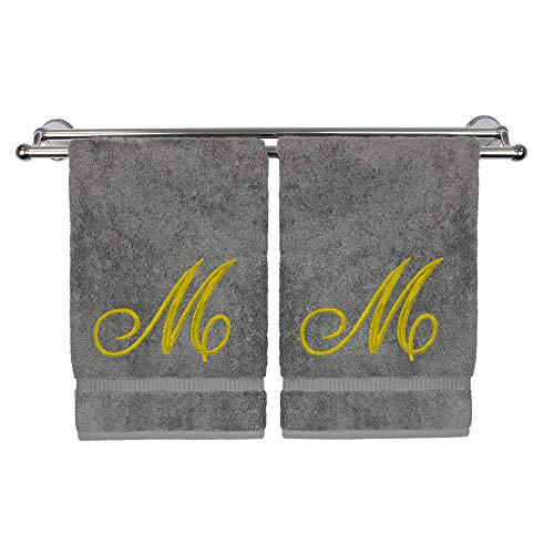 Monogrammed Hand Towel, Personalized Gift, 16 x 30 Inches - Set of 2 - Gold Embroidered Towel - Extra Absorbent 100% Turkish Cotton - Soft Terry Finish - for Bathroom, Kitchen and Spa - Script M Gray - color: Gold on Gray, style: Initial M