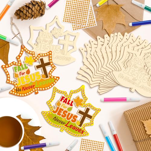 BeYumi Fall Wooden Leaves Craft - 20Pcs DIY Wooden Maple Leaves Ornaments Craft Kit for Kid Make Your Own Christian Religious Fall for Jesus Craft with Gem Sticker Church Thanksgiving Party Decoration - style: Maple Leaves