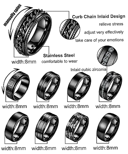 9Pcs 8MM Stainless Steel Band Rings for Men Women Chain Rings Simple Brushed Wedding Engagement Rings Set 7-13 - color: Black