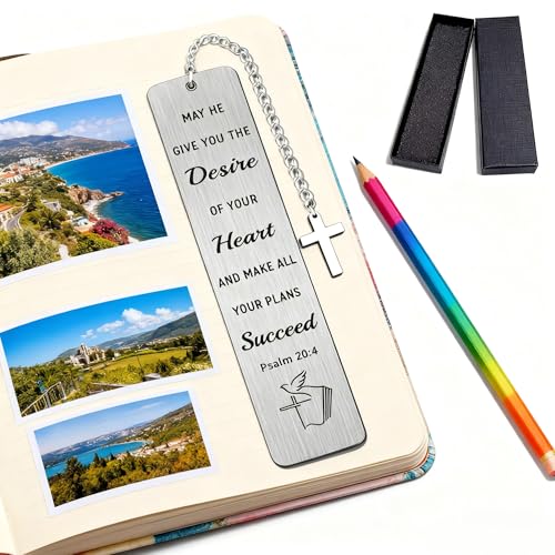 Graduation Gifts Bible Bookmark with Cross Charm - Psalm 20:4 "Make All Your Plans Succeed Christian Verse Book Mark Gift for Women, Son, Daughter - Inspirational Stainless Steel Book Marker with Box - style: BM031 Psalm 20:4 Make All Your Plans Succeed