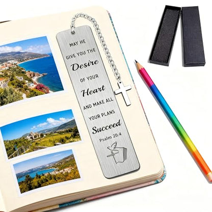 Graduation Gifts Bible Bookmark with Cross Charm - Psalm 20:4 "Make All Your Plans Succeed Christian Verse Book Mark Gift for Women, Son, Daughter - Inspirational Stainless Steel Book Marker with Box - style: BM031 Psalm 20:4 Make All Your Plans Succeed