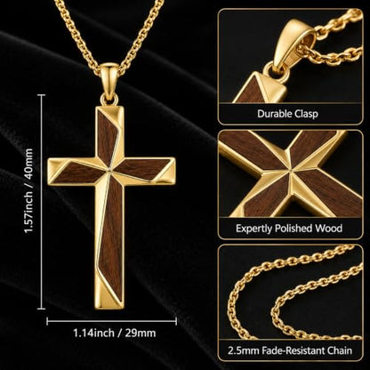 14K Gold Plated Wood Cross Necklace for Men Christian Pendant Jewelry - color: A01-Cross