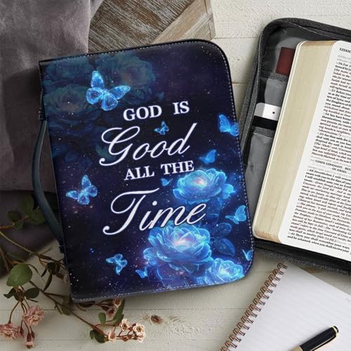 Dellukee Bible Cover for Women Blue Butterfly Flowers God is Good All The Time Print Leather Bible Bag Study Book Case Covers - color: Blue Butterfly Flowers God is Good, size: X-Large-bible size ≤10.2*7*1.9 inch