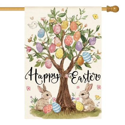 AVOIN colorlife Happy Easter Egg Tree Bunnies House Flag 28x40 Inch - size: House Size-28 x 40"