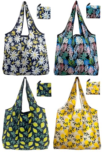 Reusable Grocery Bags, Lightweight 4 Pack Foldable Shopping Tote Bag - color: Lemon 4 Pack