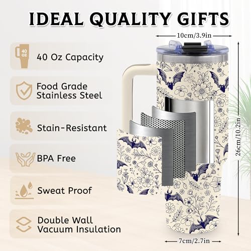 40 Oz Halloween Tumbler, Beige Bat Goth Water Bottle with Handle & Straw - color: Beigebat-Wite