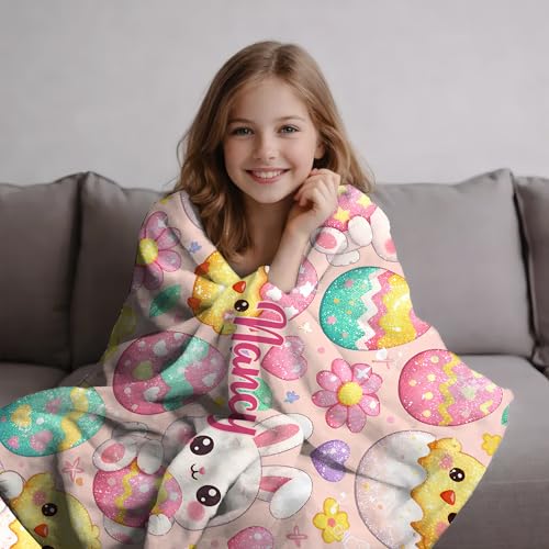 KiKiLuna Personalized Easter Bunny Flannel Throw Blanket, 10 Cartoon Designs, Custom Name Cute Spring Egg Pattern Cozy Gift for Kids Girls - color: Design 11