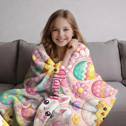 KiKiLuna Personalized Easter Bunny Flannel Throw Blanket, 10 Cartoon Designs, Custom Name Cute Spring Egg Pattern Cozy Gift for Kids Girls - color: Design 11