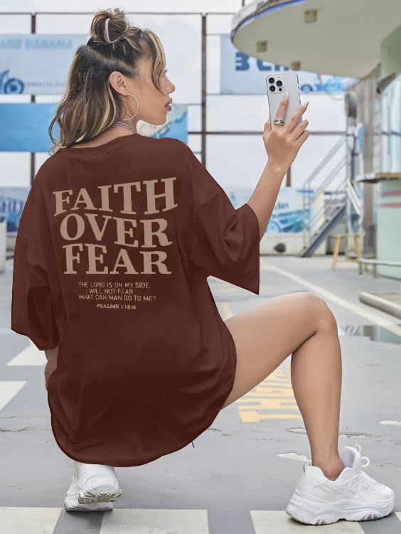BANGELY Faith Over Fear Shirt Women Graphic Shirts Oversized Workout Gym Christian Religious Tees Drop Shoulder Tee Tops - color: Brown, size: XX-Large