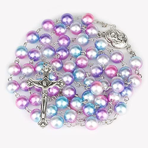 Rnivida Catholic 8MM Colorful Beads Rosary, Rosaries Necklace with Alloy Miraculous Medal and Crucifix Cross - color: Imitation Multicolor Pearl Rosaries for women pearl rosary