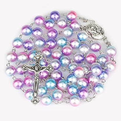 Rnivida Catholic 8MM Colorful Beads Rosary, Rosaries Necklace with Alloy Miraculous Medal and Crucifix Cross - color: Imitation Multicolor Pearl Rosaries for women pearl rosary
