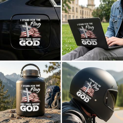 Christian Cross US Flag Car Decal – I Stand for the Flag and Kneel Before God Sticker, Patriotic Religious Vinyl Window Decal for Car Truck SUV Bumper Laptop Mirror, Waterproof – 6.2 x 4.7 Inch