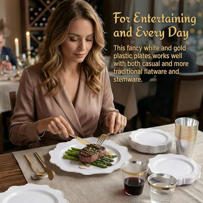 WDF 350PCS White and Gold Plastic Plates - Gold Plates Disposable 50Guest Plastic Dinnerware Ideal for Party/Wedding/Birthday/Thanksgiving/Fall/Rosh Hashanah - color: White and Gold, size: 350 pieces