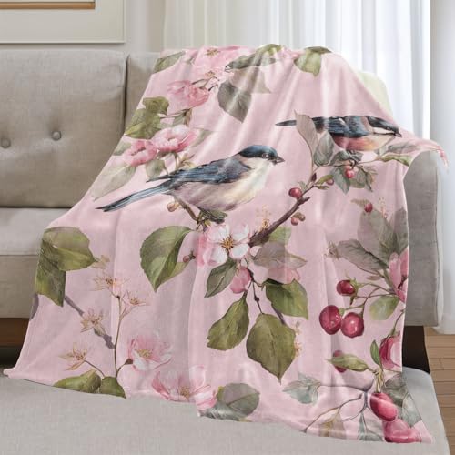 Bird Floral Flannel Blanket Gifts for Nature Lover,80x60inch,Red Berry and Cherry Blossom Throw Blankets with Pink Background,For Bedroom,Sofa,Living Room,Camping Home Decor Throws - color: Bird, size: 80x60 Inch