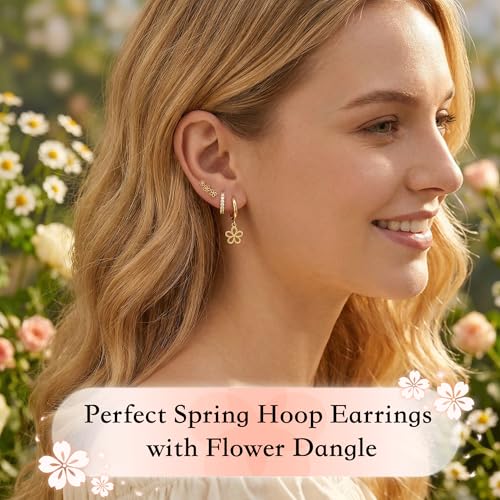 14K Gold Planted Seashell Starfish Stud dangle Earrings for Women, Summer Beach Hoop Earrings for Multiple Piercing Cartilage, Dainty Trendy Dangling Earring 3 Pairs Set Vacation Ocean Outfits Accessories Jewelry - color: Flower-Gold