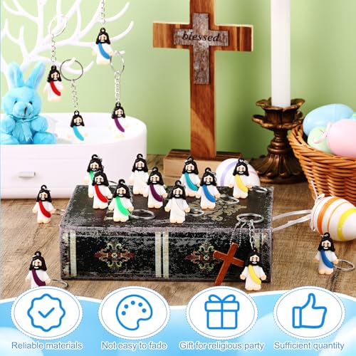 Sumind 24 Pcs Jesus Figurine Christian Keychain Religious Keychain Bulk Classic Christian Rings for Christ(White Skin Classic,Multicolor) - color: Multicolor, style: White Skin Classic