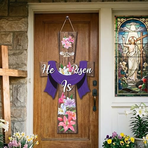Meooeck Large Easter He Is Risen Door Sign Wooden Religious Cross Hanging Decor Easter Wreaths for Front Door Christian Flowers Lent Hanging Hanger for Farmhouse Front Porch - style: He is Risen
