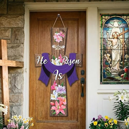 Meooeck Large Easter He Is Risen Door Sign Wooden Religious Cross Hanging Decor Easter Wreaths for Front Door Christian Flowers Lent Hanging Hanger for Farmhouse Front Porch - style: He is Risen