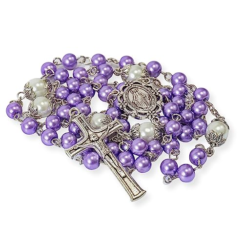 Nazareth Store Pearl Beads Rosary White Our Father Beaded Necklace Lourdes Medal & Cross Crucifix Spiritual Devotion - color: Purple