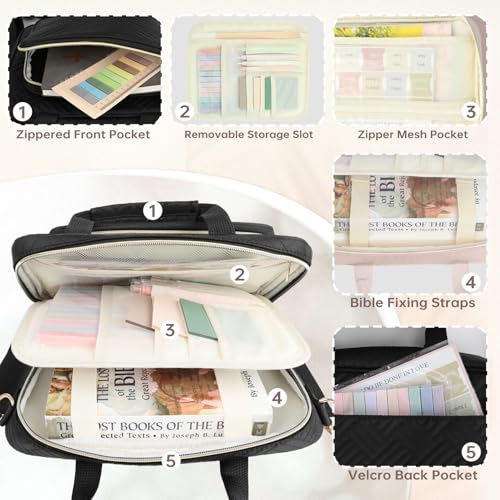 Bible Cover Case for Women Bible Study Supplies Christian Gifts for Women Church Camp Essentials Christian Bible Journaling Kit Quilted Large Bible Cover with Durable Handle (Black, Large) - color: Black