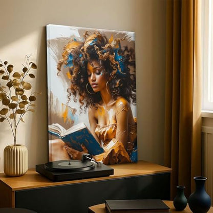 Framed Canvas Wall Art Reading Black Women Painting Print Abstract Poster Gallery Style Modern Figurative Picture 16x24 Inch Ready To Hang - color: Black women, size: 16x24 inch