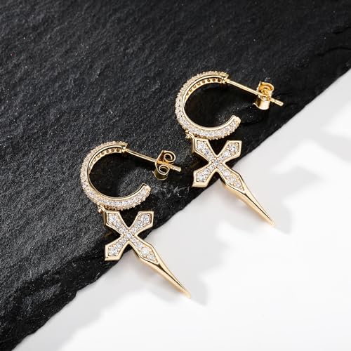 TOPGRILLZ Cross Hoop Dangle Earrings 925 Sterling Silver 5A+ Cubic Zirconia 14K Gold Hypoallergenic Cross Hoop Cuff Huggie Drop Earrings For Men Women - color: 925S Gold