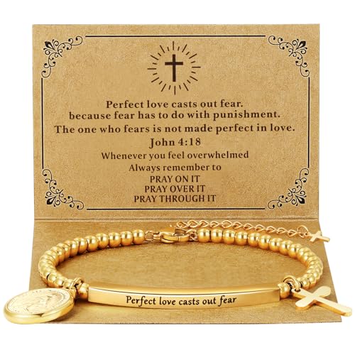DS Women Christian Charm Bracelet,Cross Scripture Stainless Steel Jewelry - style: Perfect love casts out fear.-Gold