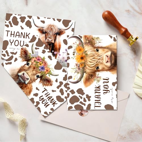 60 Pieces Highland Cow Baby Shower Thank You Cards,Baby Farm Thank You Cards Includes 30 Pieces Envelopes and 30 Pieces Highland Cow Cards with Stickers for Baby Shower Bridal Wedding - color: highland cow