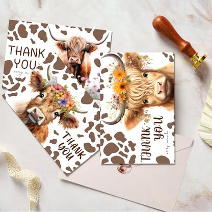 60 Pieces Highland Cow Baby Shower Thank You Cards,Baby Farm Thank You Cards Includes 30 Pieces Envelopes and 30 Pieces Highland Cow Cards with Stickers for Baby Shower Bridal Wedding - color: highland cow