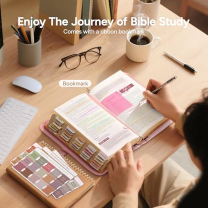 Adjustable Bible Cover with 75 Bible Tabs - Bible Cover Case for Women - color: Pink, size: M