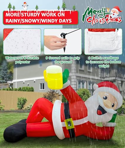 EAONE 12FT Christmas Inflatable Outdoor Decoration, Christmas Blow Ups Yard Decorations Giant Inflatable Santa Claus Lying Flat with Built-in LED Lights for Yard, Garden, Lawn, Home Xmas Holiday Decor - color: 12 FT Inflatable Santa Claus Lying with Beer