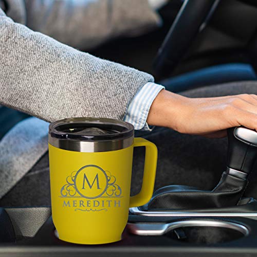 The Wedding Party Store Custom Personalized 20 oz Stainless Steel Powder Coated Vacuum Insulated Double Walled Travel Tumbler Coffee Mug with Handle and Lid (Yellow) - color: Yellow