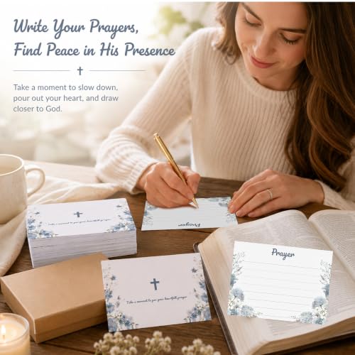 100 Pcs Lined Prayer Cards - 4x3 Christian Note Cards with Blue Floral Art - 250GSM Matte Paper Boxed Set for Church, Small Group & Prayer Requests - color: BLUE FLORAL