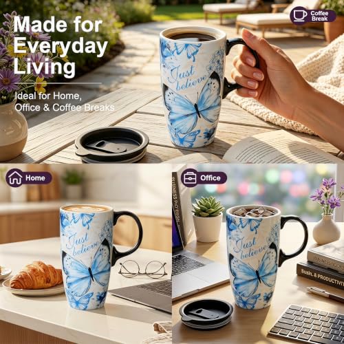 Topadorn 17oz Ceramic Travel Mug with Lid, Blue Butterfly Mug - color: Butterfly