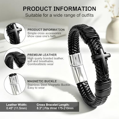 Black Leather Cross Bracelet for Men, Braided, Stainless Steel, 7.9in