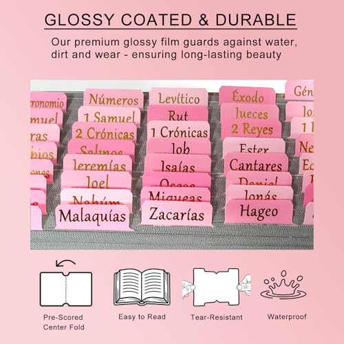 Vorscrin-Laminated Bible Tabs for Women and Men, Gold Foil Lettering Design, Reposition and Large Print Stickers, Bible Study Supplies, 90 Chapters Labels for Easy Navigation (Spanish Pink) - color: Spanish Pink