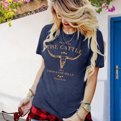 Christian Shirts for Women He Owns The Cattle On A Thousand Hills Tee Shirt Religious Bible Verse Faith Tops - color: Darkblue, size: Small