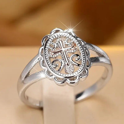 Two-Tone 925 Sterling Silver Plated Cross Statement Rings for Women Men,Victorian Religious Style Signet Oval Shape Cross Ring for Women's Jewelry Gifts Size 7# - size: 7#