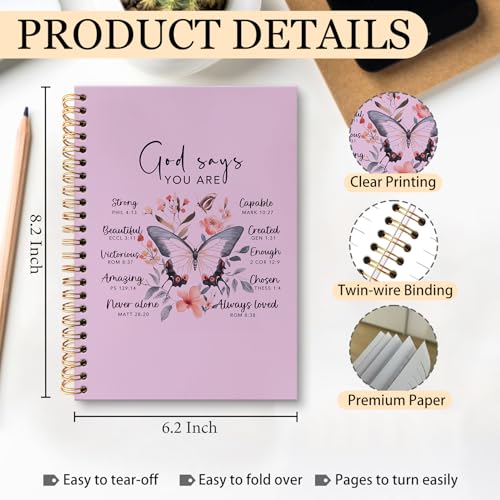 huester Christian Journal, Inspirational Christian Butterfly Church Notes Notebook Journal for Women, God Says You Are Bible Scripture Purple Journal Notebooks for Note Taking, Bible Journaling Hardcover Paper Spiral Notebook, 5.5x8.3 Inch - color: purple