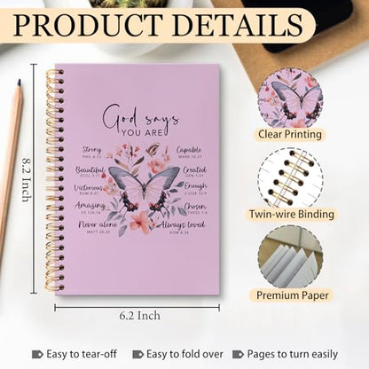huester Christian Journal, Inspirational Christian Butterfly Church Notes Notebook Journal for Women, God Says You Are Bible Scripture Purple Journal Notebooks for Note Taking, Bible Journaling Hardcover Paper Spiral Notebook, 5.5x8.3 Inch - color: purple