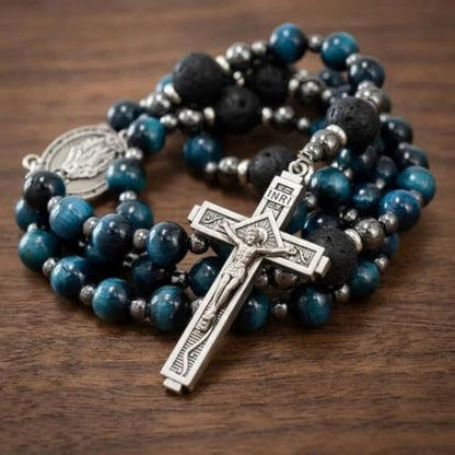 Nazareth Store Blue Tiger Eye Rosary Beads, Handmade Catholic Rosary Necklace with Lava Stone Beads and Our Father Crucifix, Five Decade Prayer Rosary, Religious Gift - style: Miraculous