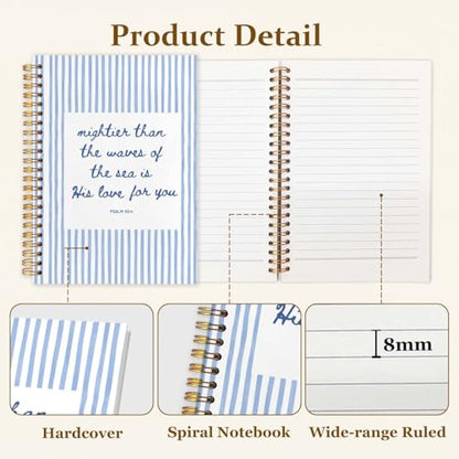 Blue Striped Christian Notebook Journal 5.5x8.3, Mightier Than the Waves Religious Bible Spiral Hardcover Journal Notebook for Prayer Church Note Taking - color: Stripe blue