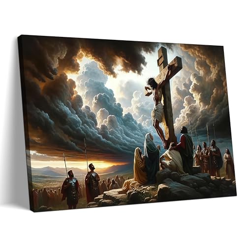 Yaneiro Framed Jesus Canvas Wall Art - Good Friday Wall Decor Paintings, Christian The Cross Poster Print Picture for Living Room Bedroom Church Decoration 12x16 inch - color: Warm Jesus 2, size: 16"L x 12"W