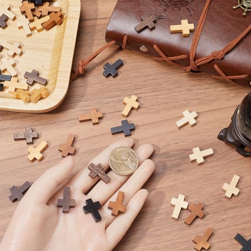 SUNNYCLUE 100Pcs Cross Charms Bulk Wood Cross Beads Natural Wooden Bead Charm Mini Small Black White Pocket Crosses Rosary Crucifix Easter Holiday Pendants for Jewelry Making DIY Supplies - color: 100Pcs 5 Colors 22x15mm