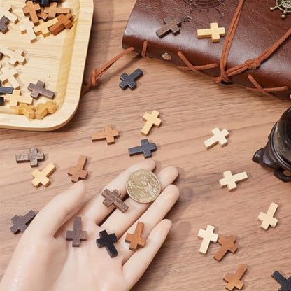 SUNNYCLUE 100Pcs Cross Charms Bulk Wood Cross Beads Natural Wooden Bead Charm Mini Small Black White Pocket Crosses Rosary Crucifix Easter Holiday Pendants for Jewelry Making DIY Supplies - color: 100Pcs 5 Colors 22x15mm